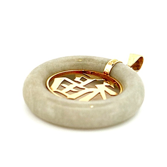 14K YELLOW GOLD LARGE GREEN JADE GOOD LUCK PENDANT - Picture 2 of 5